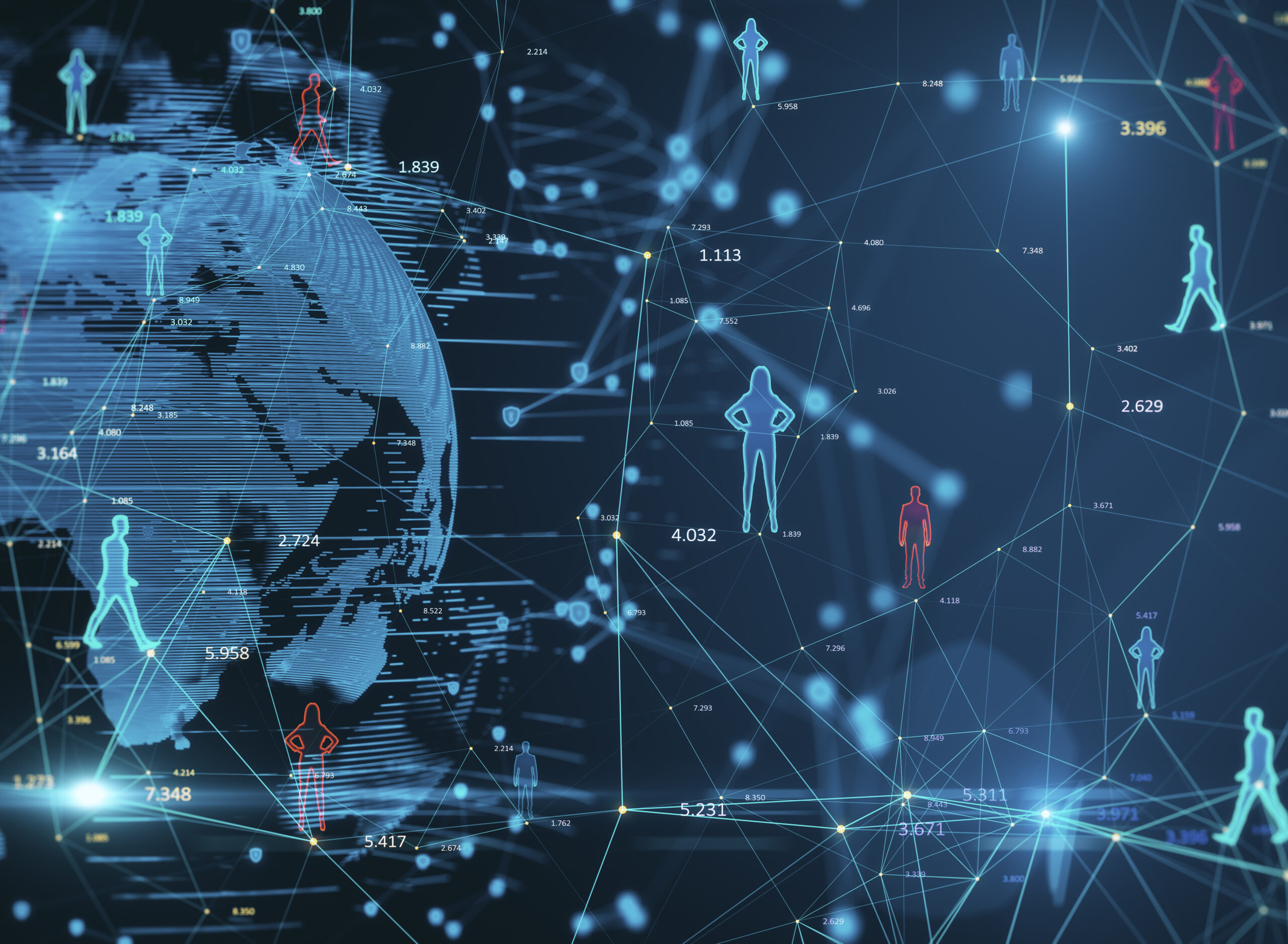 Creative glowing connected people icons on blue background with globe. Population count and digital transformation concept. 3D Rendering